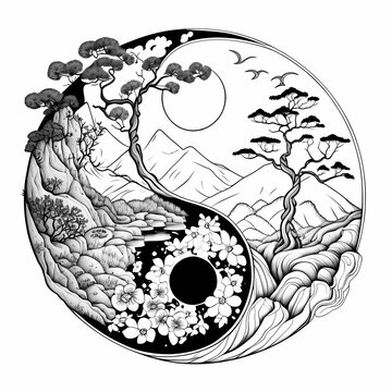 Black and white yin yang symbol with natural landscape, mountains and trees