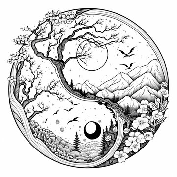 Black and white yin yang symbol decorated with landscape