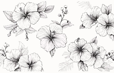 Botanical drawing. Minimal plant logo, meadow greenery, leaf and blooming flower abstract sketch element collection, linear rustic branch. Vector hand drawn wedding invitation bouquet decoration set