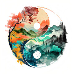 Yin yang symbol colored with water colors and decorated with autumn landscape and green - obrazy, fototapety, plakaty