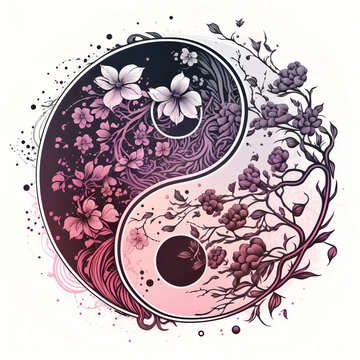 Yin yang symbol decorated with flowers and colored with shades of purple and pink