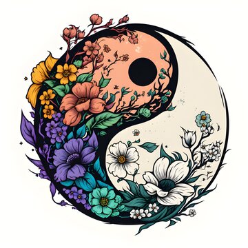 Cartoon style floral yin yang symbol, white, purple and orange