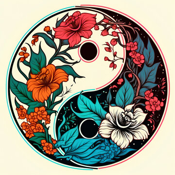 Cartoon style floral yin yang symbol, red and light blue