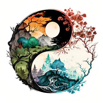 Yin yang symbol colored with water colors and decorated with winter and night landscape