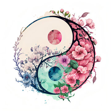 Yin yang symbol decorated with flowers in watercolor style