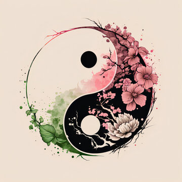 Yin yang symbol decorated with flowers , green, pink and black