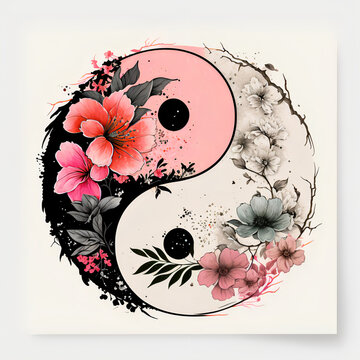 Yin yang symbol decorated with cherry blossoms and colored with watercolors