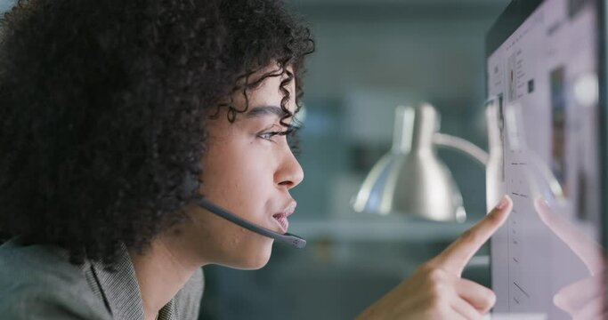Woman at help desk, phone call and checking computer, online consultant at customer service agency. Website, telemarketing and virtual assistant consulting at callcenter for crm advisory services.