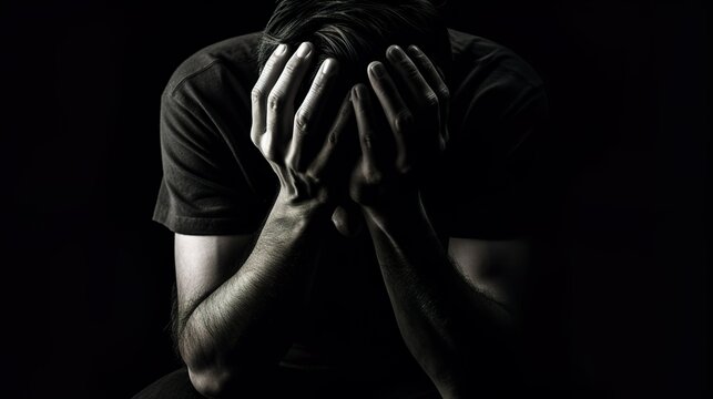 A sad, worried or anxious lonely person with his hands on his head. Depression, mental health concept. Generative AI