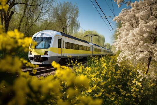 high-speed modern yellow train passes through the trees spring blooming the concept of protecting nature ecology generative ai