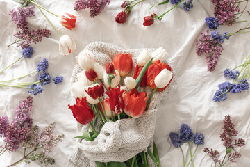Obraz na płótnie Canvas Spring flower composition on a white background, top view.