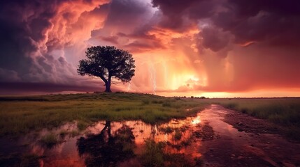 Obraz premium Lonely tree in the storm, Generative AI