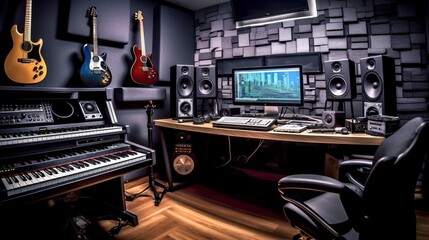 Music recording studio interior. Beautiful illustration picture. Generative AI - obrazy, fototapety, plakaty