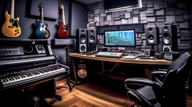 Music recording studio interior. Beautiful illustration picture. Generative AI