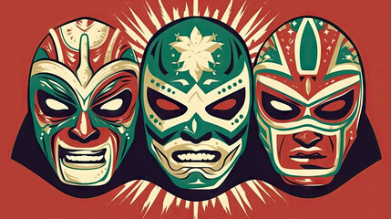 Vector illustration of three stylized Mexican Lucha Libre wrestling masks on a red background. Generative AI. - obrazy, fototapety, plakaty