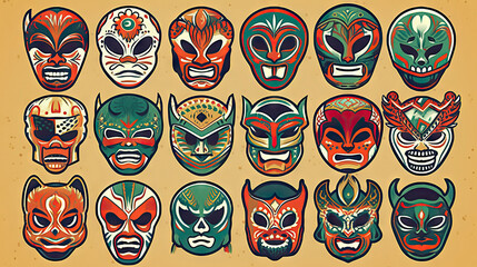 Set of colorful Lucha Libre wrestling mask. Vector illustration. Generative AI.