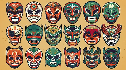 Foto op Plexiglas Schedel Set of colorful Lucha Libre wrestling mask. Vector illustration. Generative AI.