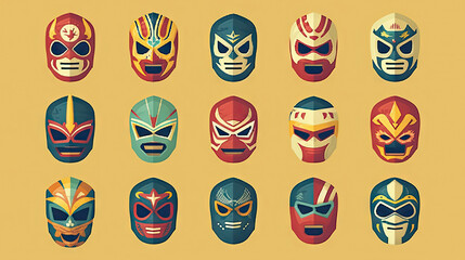 Tribal Lucha Libre wrestling masks icons set. Vector illustration in flat style. Generative AI.