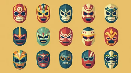 Papier Peint photo Crâne Tribal Lucha Libre wrestling masks icons set. Vector illustration in flat style. Generative AI.