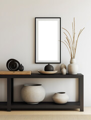 Artwork frame mock-up, minimalist blank empty frame on beige wall, front view, realistic contemporary home interior Generative AI