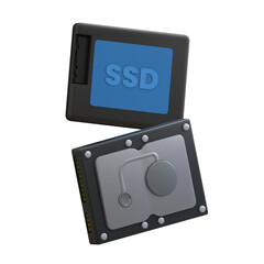 3D illustration of a computer hard disk drive and solid state drive or SSD with a transparent background