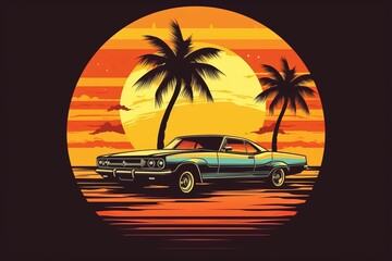 Retro car on the beach, shirt design. Beautiful illustration picture. Generative AI