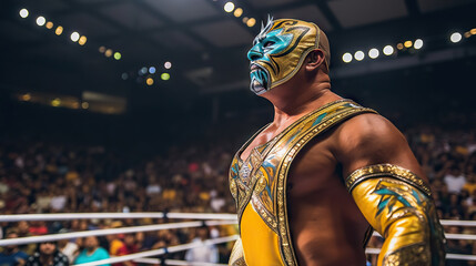 Male Lucha Libre wrestling masks boxer in the ring . Generative AI. - obrazy, fototapety, plakaty