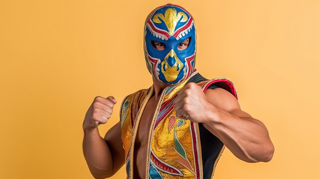 Portrait of a Lucha Libre wrestling mask man in a colorful costume on a yellow background. Generative AI.