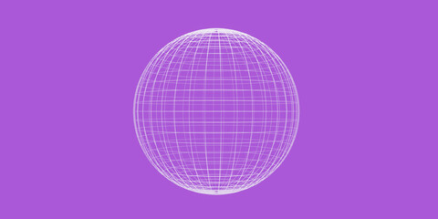 3D wireframe globe or sphere on purple background, visualization of geography or navigation concept with latitude and longitude coordinates