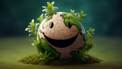 earth day concept, cute globe with smiley face. Generative AI.