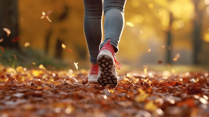 Running practice on autumn leaves, autumn concept. Generative AI.