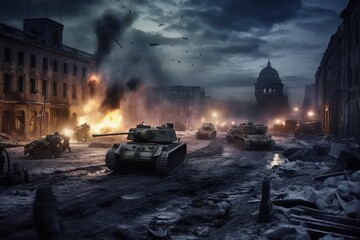 World war two, streets on fire. Beautiful illustration picture. Generative AI