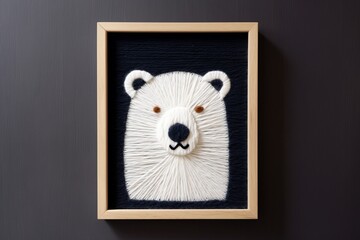Bear that is made of threads is framed. Beautiful illustration picture. Generative AI