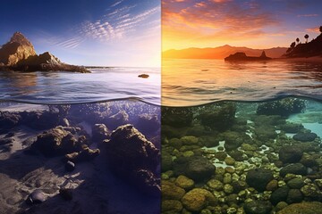 Serene Beach Scene with Vibrant Sunset and Fish - AI Generative