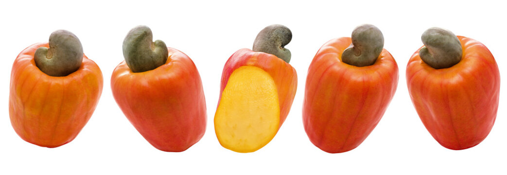Saboroso cajus inteiros e caju cortado isolado em fundo transparente - Fruta caju