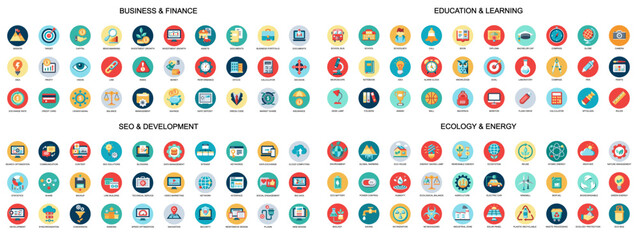 Set of flat design icons for Business, SEO and Social media marketing