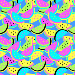 Seamless pattern with watermelon slices in vibrant  neon colors. Abstract fruit vector background