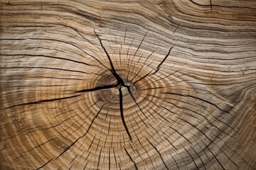 Fototapeta premium Oak wooden background wallpaper, wood texture, flat view of stump cut texture. Generative Ai.