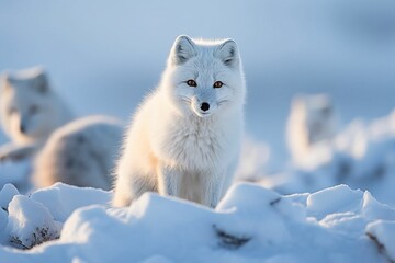 Obraz na płótnie Canvas Playful Group of Baby Arctic Foxes in Snowy Habitat - AI Generative