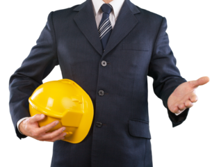 Male architect with yellow helmet showing the greeting gesture.