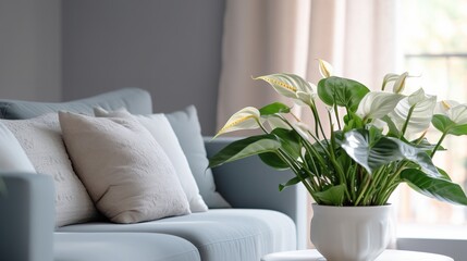 beautiful anthurium princess white in ceramic vase, scandinavian hotel room with sofa and light blue pillows on background