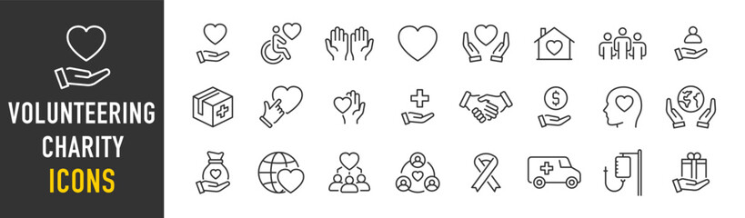 Volunteering and charity web icons in line style. Donate, donor, doctor, care, help, support, collection. Vector illustration. - obrazy, fototapety, plakaty