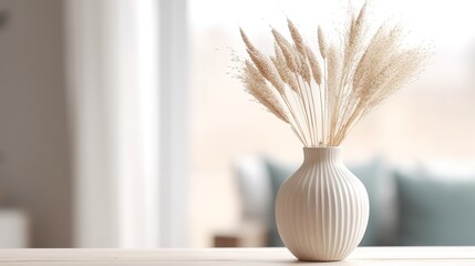 beautiful dry grass bouquet in a vase, cozy boho living room blurry background with copy space