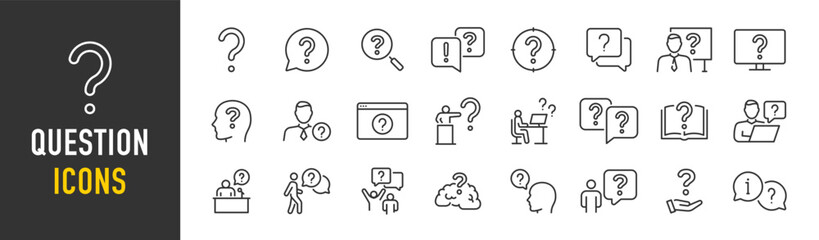 Question web icons in line style. Question mark, insecure person, confused, quiz question, collection. Vector illustration. - obrazy, fototapety, plakaty
