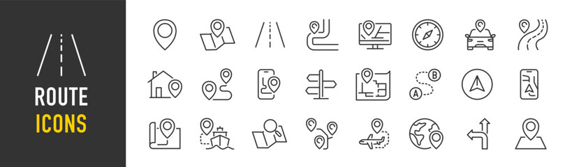 Route web icons in line style. Navigation, location, route map, traffic, pin, collection. Vector illustration.