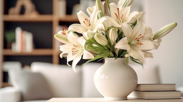 bouquet of beautiful lily flowers in white ceramic vase on a table with boho living room background with copy space