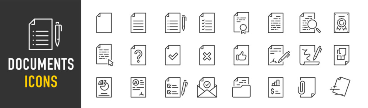 Document web icons in line style. Clipboard, certificate, accept, approved, invoice, archive, collection. Vector illustration.