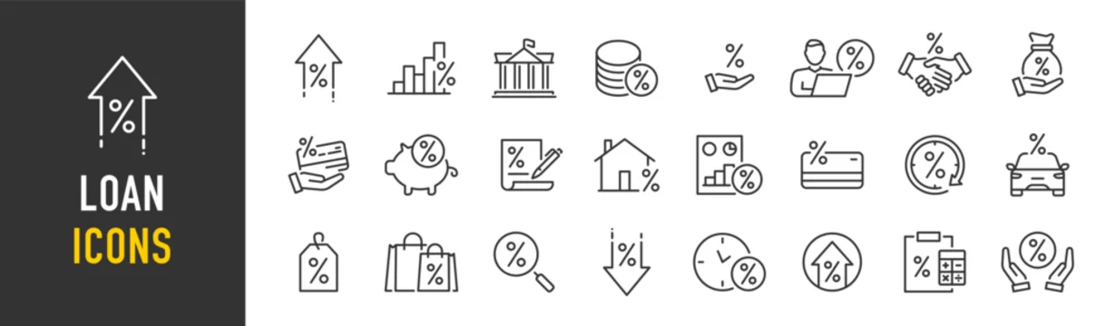 Loan and Credit web icons in line style. Credit card, deposit, car leasing, rate interest, calculator, income, rating, collection. Vector illustration.
