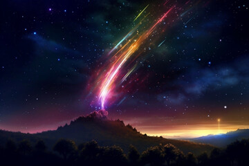 Fototapeta na wymiar shooting star with trailing lights, outer space environment, multicolor light emerging from a mountain top . Generative Ai