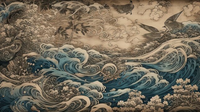 Abstract Elegant Modern AI-generated illustration of brown and blue stormy waves in traditional Japanese Ukiyo-e.